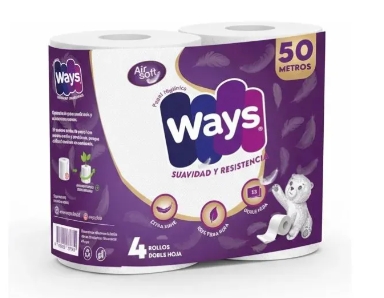 PAPEL HIGIENICO WAYS 4X4X50 MTS DOBLE HOJA